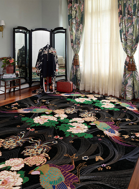 法式复古宫廷客厅地毯黑色新中式花鸟地垫民族风欧式家用床边地毯