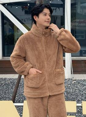 韩版潮流男士立领拉链北极绒睡衣冬季休闲外穿加绒加厚保暖家居服