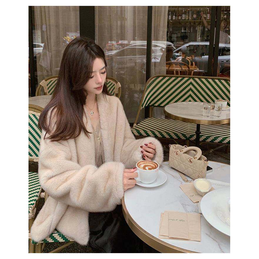 韩国2025冬新款环保仿水貂毛毛外套女皮毛一体V领通勤毛毛皮草女