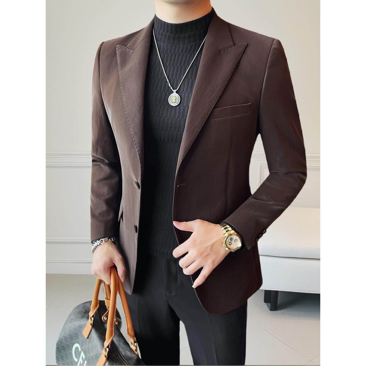 高级感磨砂皮西装外套男士秋冬季新款韩版修身商务休闲小西服上衣