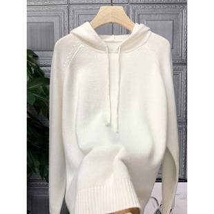 欧货带帽纯山羊绒衫女连帽100纯羊绒加厚白色毛衣短卫衣针织帽衫