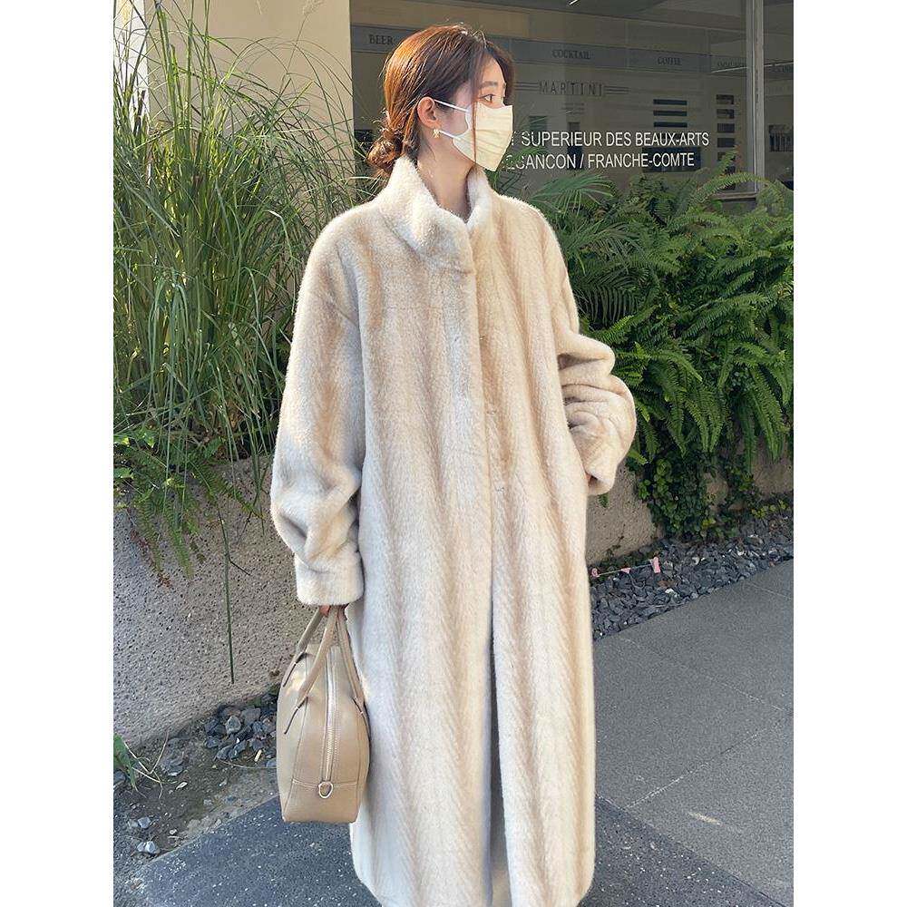 欧洲站中古十字貂皮草水貂绒立领加厚羊毛毛外套女过膝长款大衣