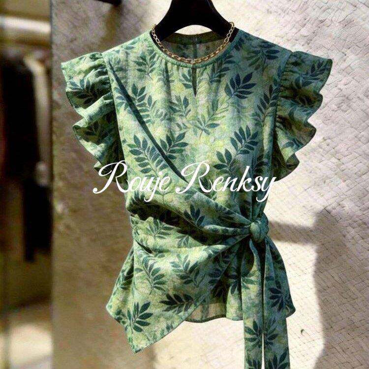 法国Rouje Renksy法式绿色印花荷叶边袖上衣女夏系带收腰小众背心