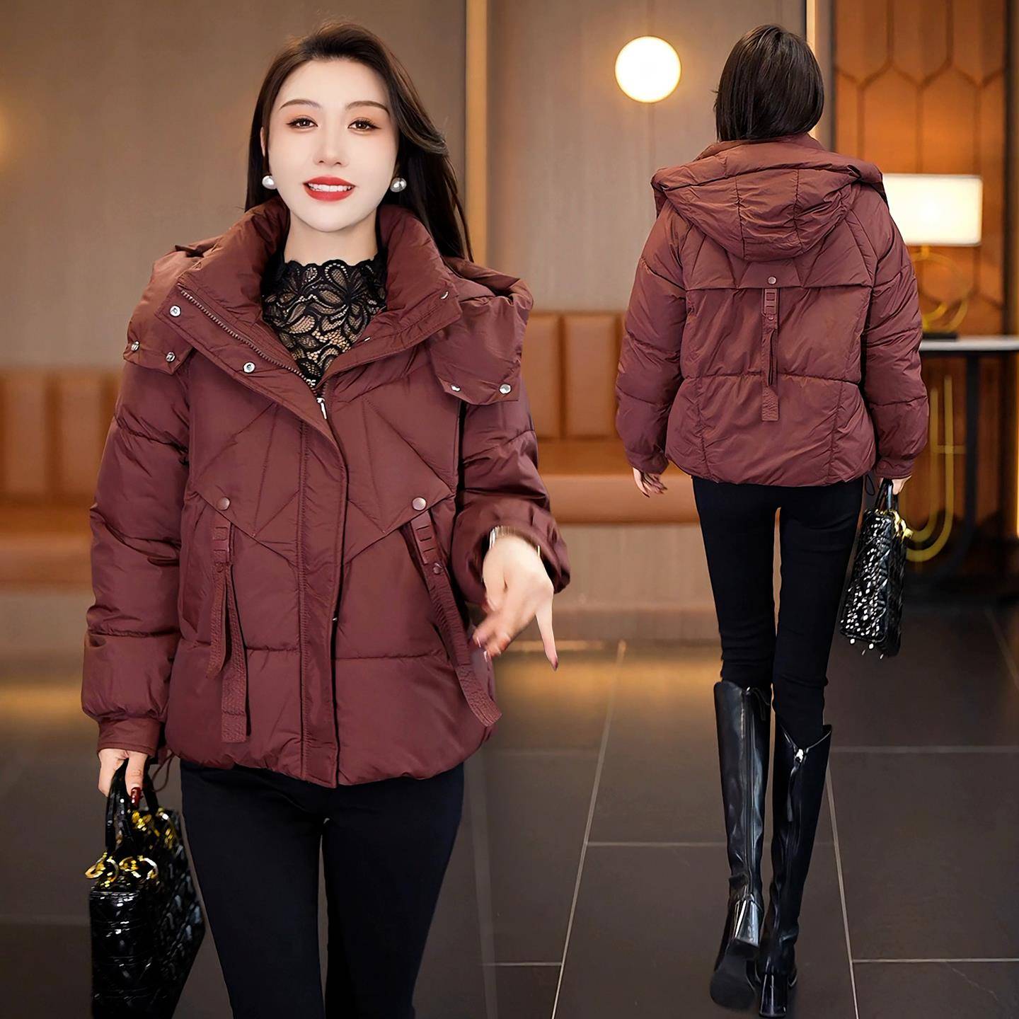 香港代购时尚连帽棉服女冬季新款时髦宽松面包服短款加厚棉袄外套