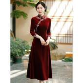 Ocnltiy改良红色旗袍裙女绣花金丝绒中袖 a字喜婆婆婚宴装 妈妈喜服