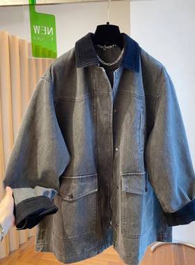 韩国大码胖mm显瘦拼接深灰色牛仔外套女春秋24新款翻领中长款上衣