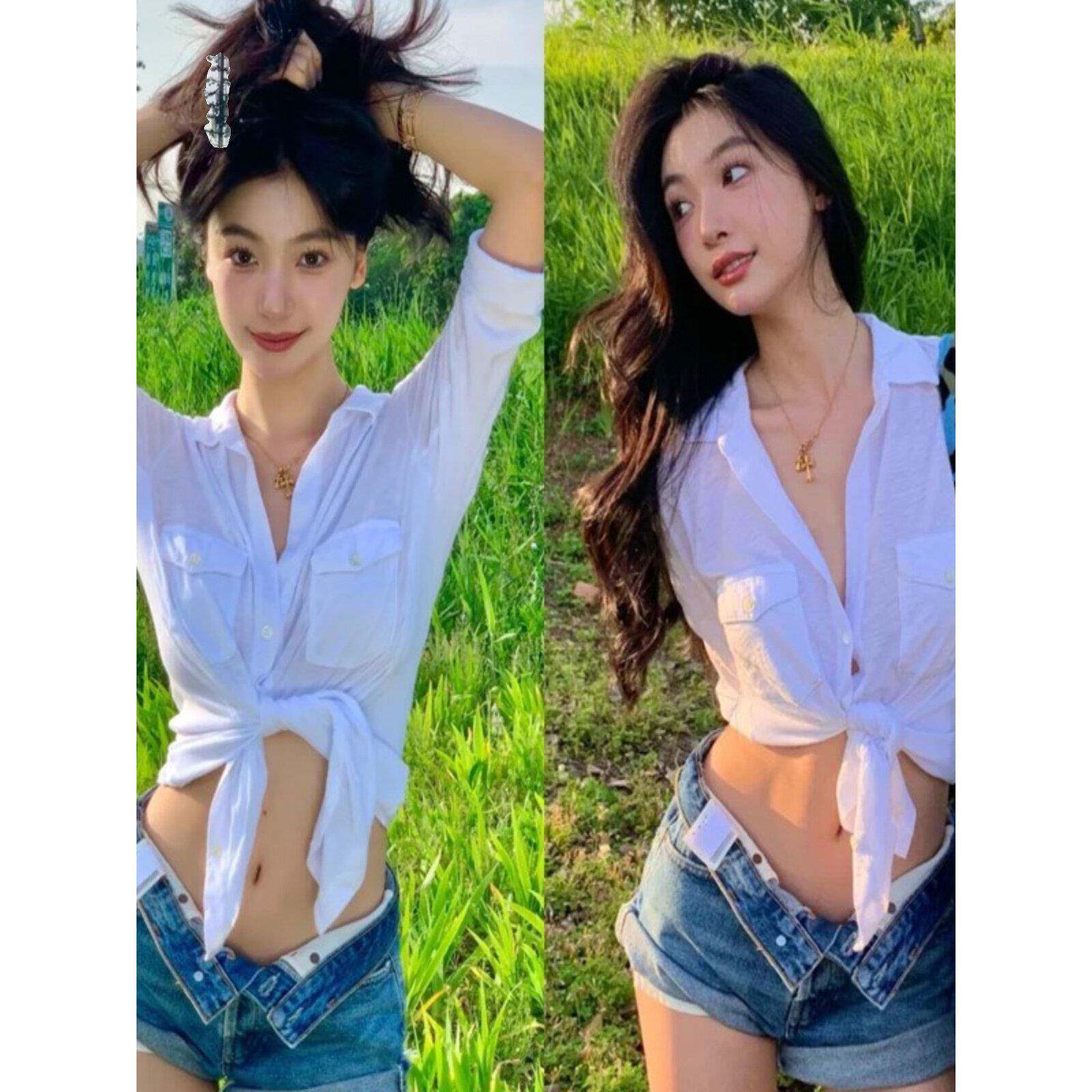 明星易梦玲同款短款辣妹上衣女夏设计感小众ins潮白色衬衫夏韩版