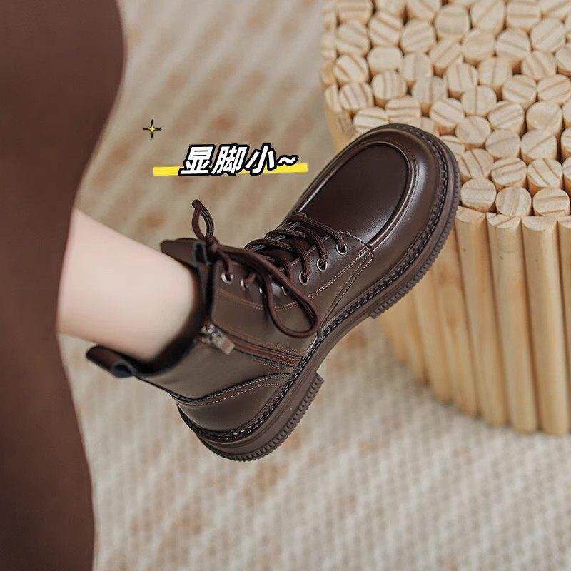 英伦风真皮马丁靴女2025年春秋新款单靴小个子黑色内增高厚底短靴