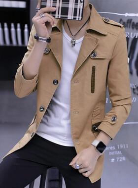 潮牌商务休闲夹克男士外套韩版百搭帅气男装纯色中长款风衣西装领