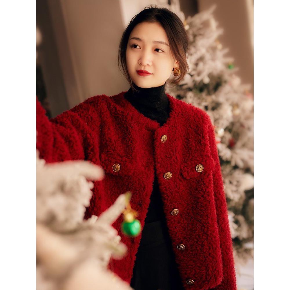 新年红颗粒羊剪绒皮草短外套女冬季新款小香风羊羔毛皮毛一体上衣