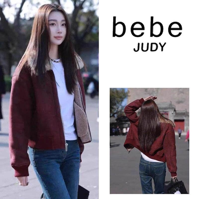 bebe judy街头达人~安可拉红皮毛一体上衣短款翻领羊羔毛皮草外套