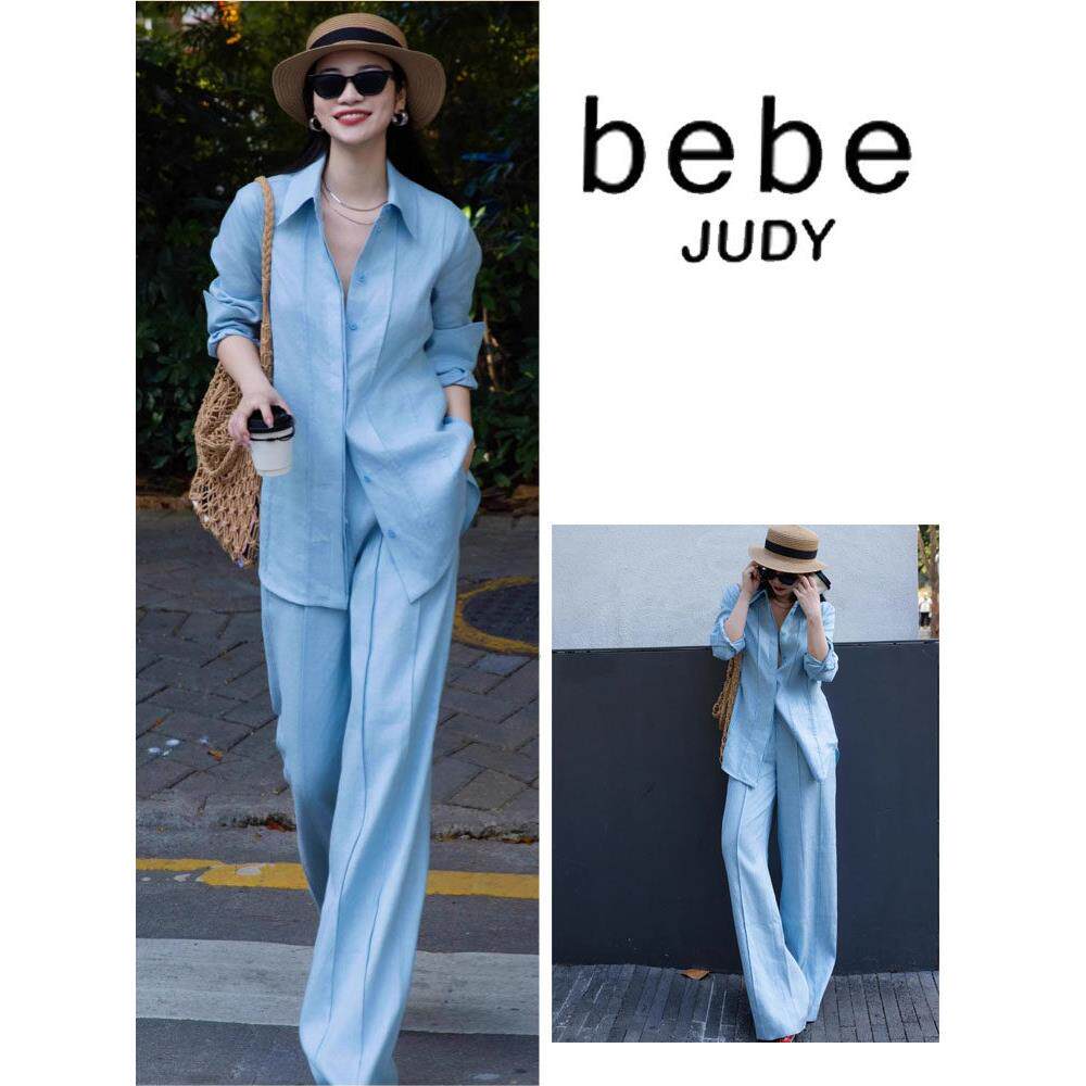 bebe judy利落有型~老钱风浅蓝色亚麻套装女秋季松弛感衬衫两件套