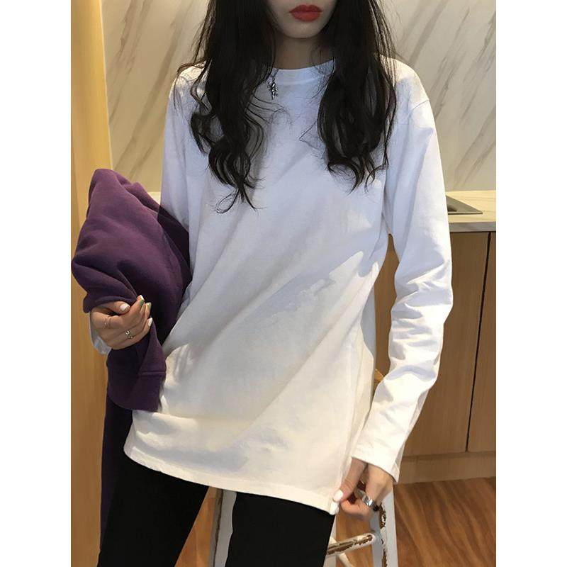 欧洲站白色长袖T恤女2025新款春秋冬季宽松大码中长款纯棉上衣潮