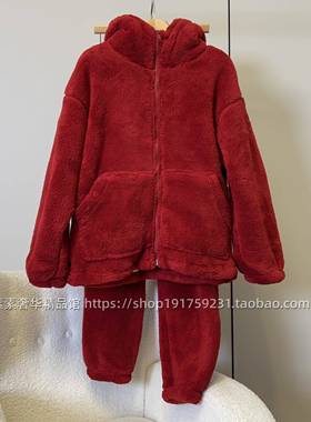 红色本命年双层复合绒连帽睡衣女冬季巨厚实加绒保暖可外穿家居服