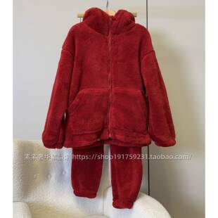 红色本命年双层复合绒连帽睡衣女冬季巨厚实加绒保暖可外穿家居服