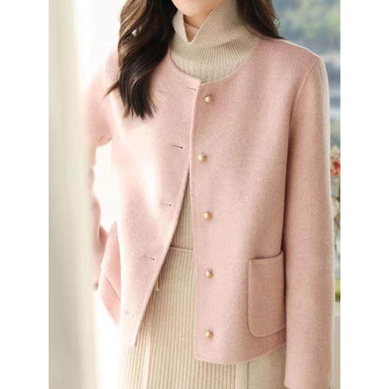 高档轻奢双面羊绒大衣女士秋冬新款时尚小个子短款圆领羊毛呢外套