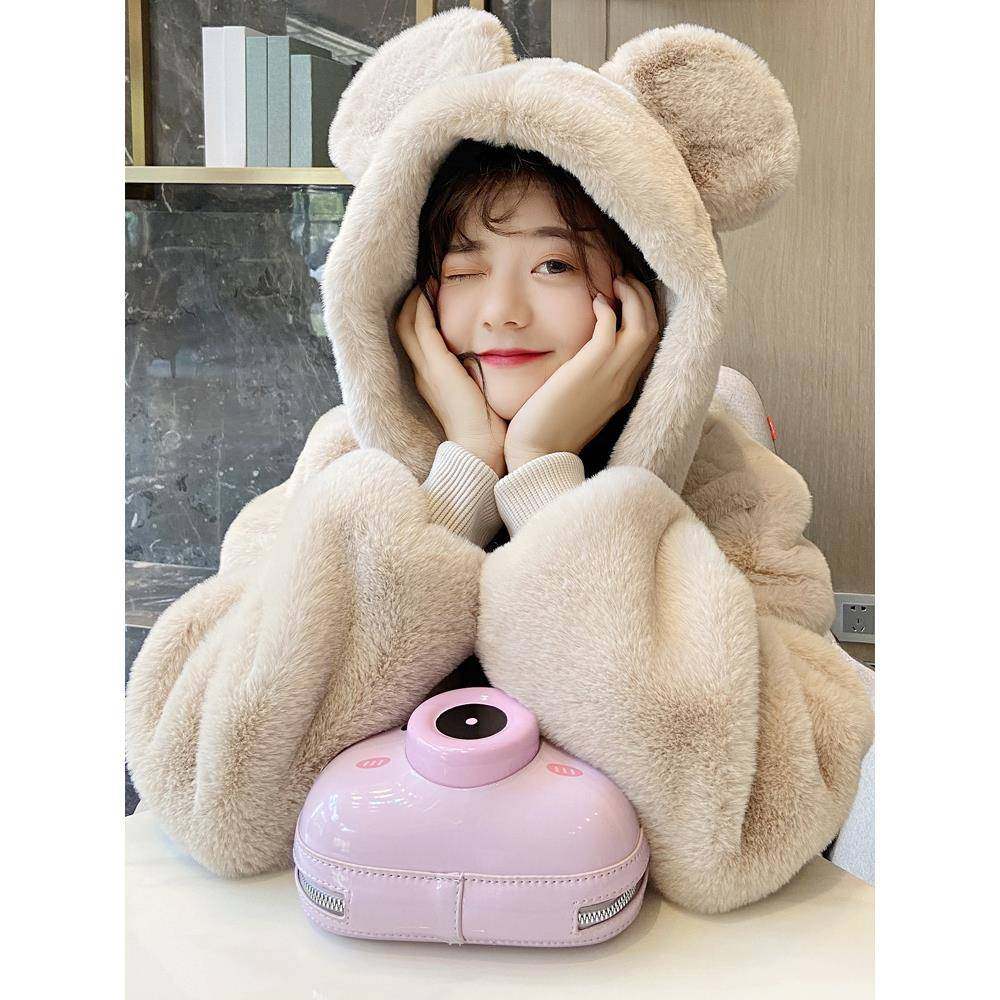 韩国羊羔毛毛绒皮草外套女冬新款可爱小熊耳朵连帽獭兔毛大衣海宁