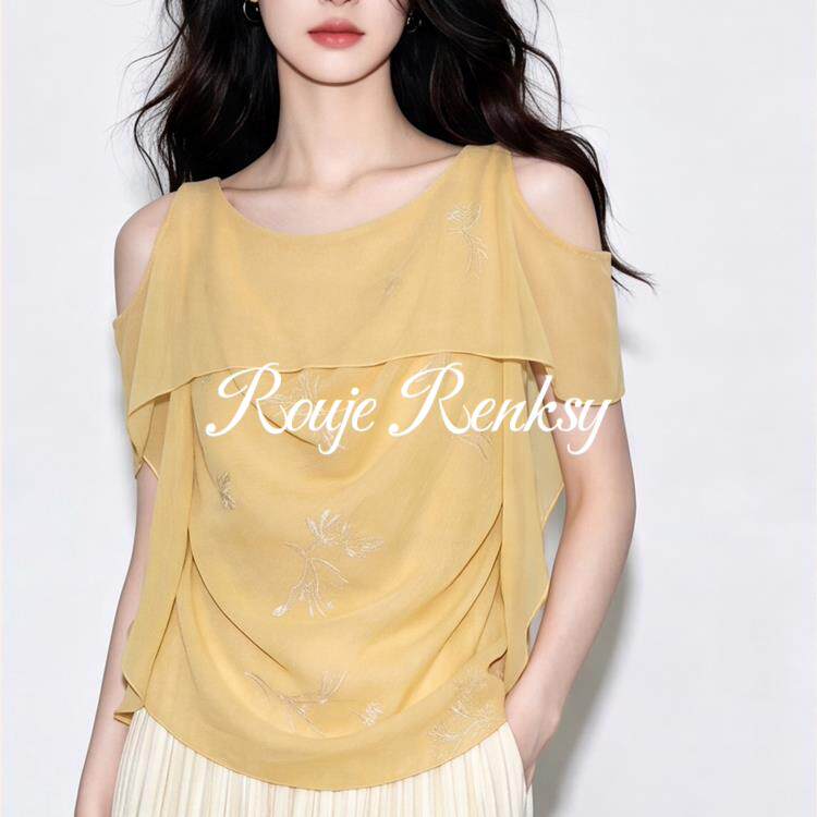 法国Rouje Renksy法式假两件黄色露肩上衣女夏显瘦气质高级感小衫