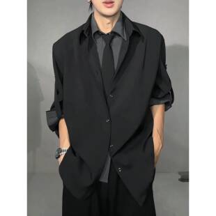高级感假两件拼接领带设计感衬衫男秋季新款衬衣外套痞帅休闲西装