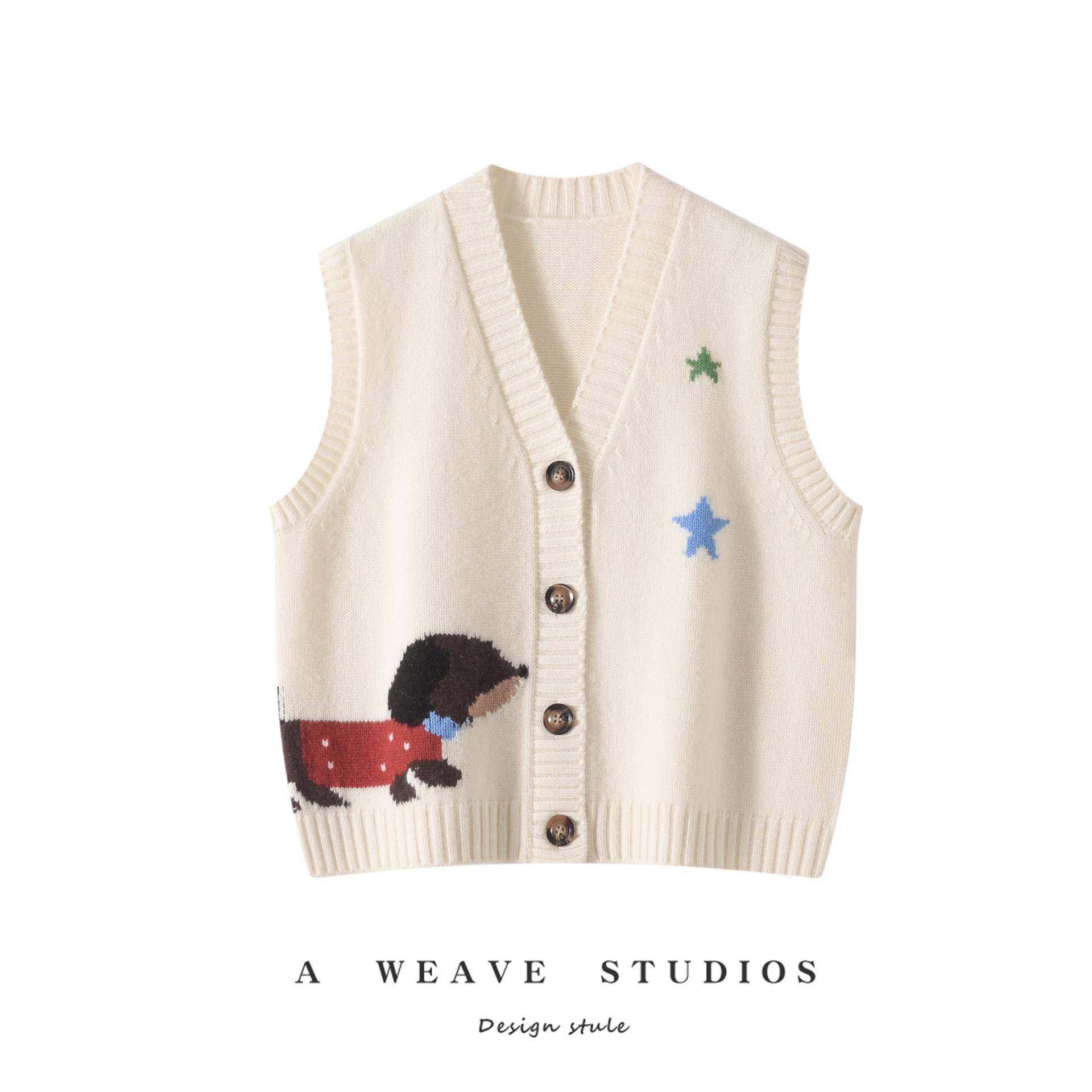 2025秋冬新款山羊绒V领小狗提花针织马甲女宽松显瘦毛衣无袖坎肩,女装/女士精品,羊绒衫,淘宝优惠券,粉丝福利购,淘宝优惠卷