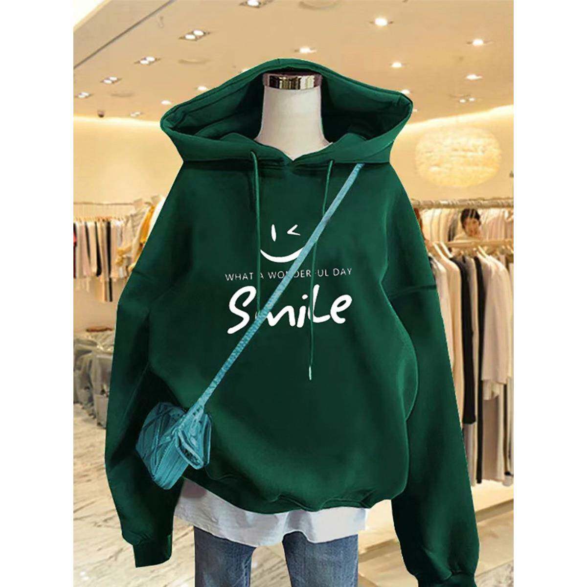 韩国2025秋薄款绿色卫衣秋冬新款女士中长款宽松连帽加绒加厚外套