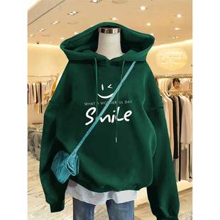 韩国2025秋薄款绿色卫衣秋冬新款女士中长款宽松连帽加绒加厚外套