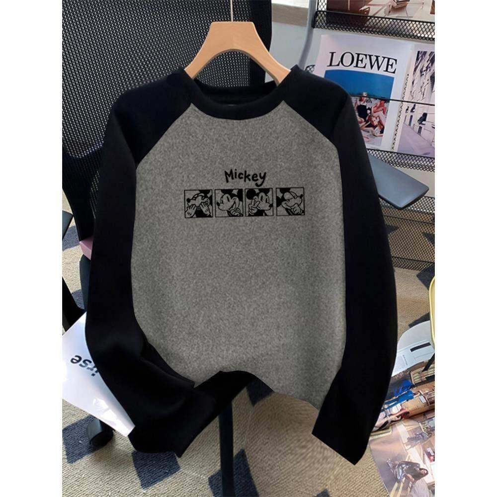 韩国撞色磨毛正肩长袖t恤女纯棉百搭加厚印花上衣打底衫秋冬季