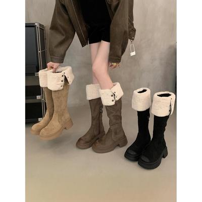 潮牌羊羔毛过膝长筒靴雪地靴子女秋冬款小个子厚底增高加绒骑士靴