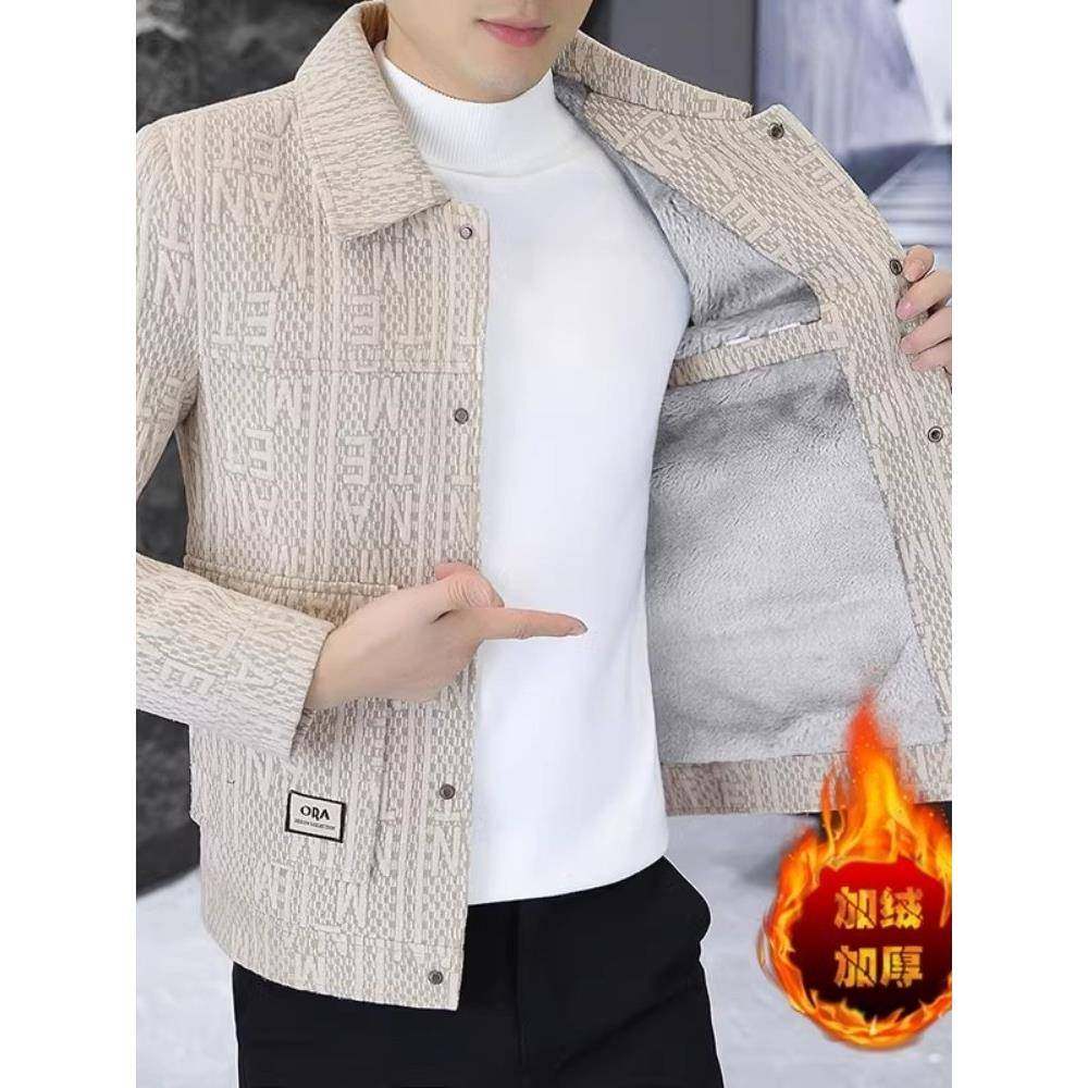 加绒加厚夹克男士秋冬季新款高级感潮流修身翻领休闲短款呢子外套