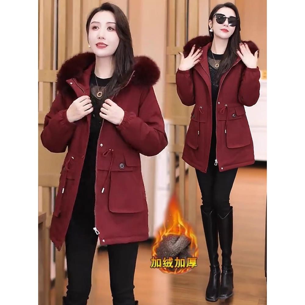 香港代购加绒加厚派克服女冬季新款收腰中长款棉服保暖棉袄外套潮