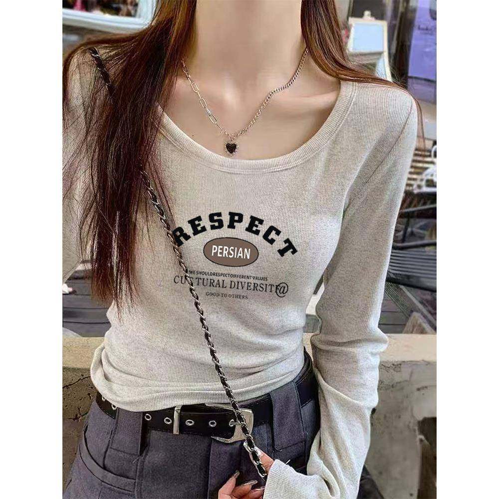 韩国2025新款正肩纯棉长袖t恤女装时尚百搭灰色打底衫上衣春秋季