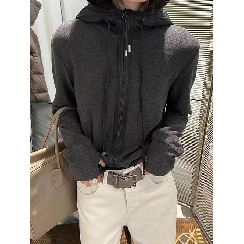 欧货卫衣女2024秋冬新款韩系宽松复古小个子纯色拼接连帽开衫外套
