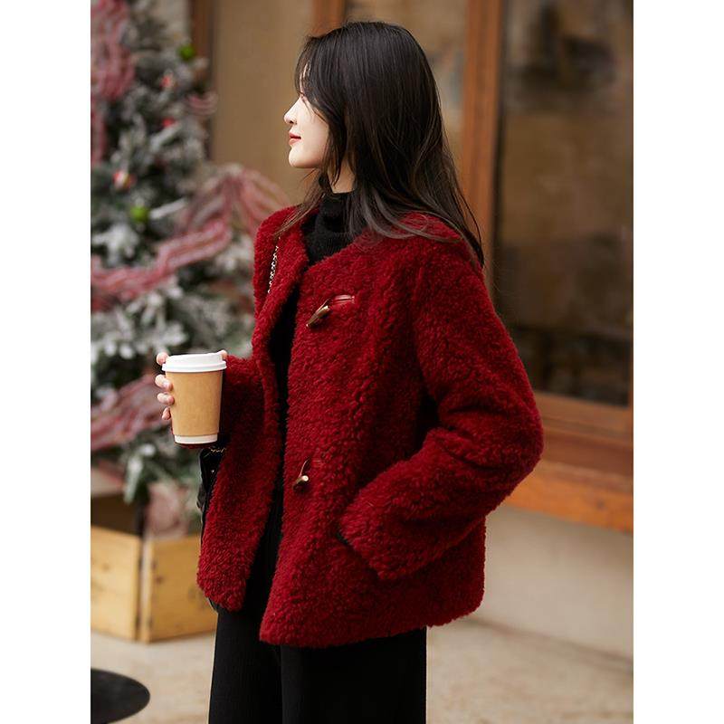 新年红羊剪绒大衣女短款2025冬季新款皮毛一体颗粒羊羔毛皮草外套