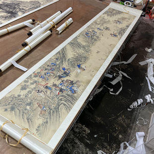 清仇英围猎图人物字国画骑射打猎横幅高清微喷复制装饰画临摹画稿