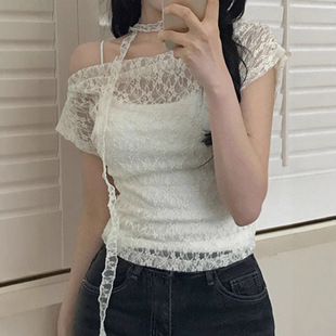 法式斜肩荡领蕾丝抹胸两件套女夏高级感修身显瘦t恤上衣
