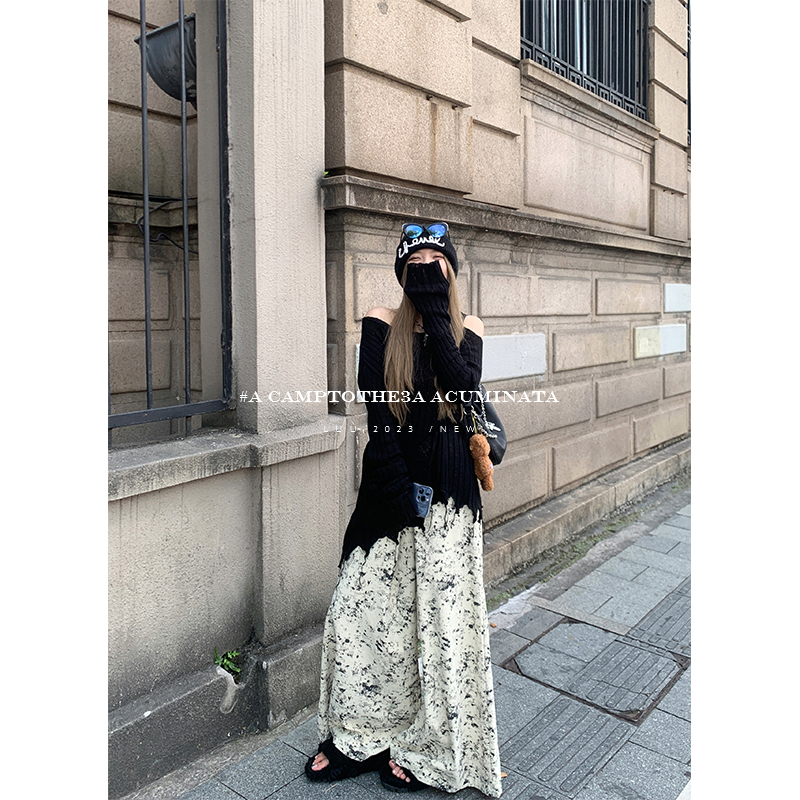 LUU桃喜儿/米黄泼墨感宽松阔腿裤女垂感裤子秋设计感小众高腰裙裤