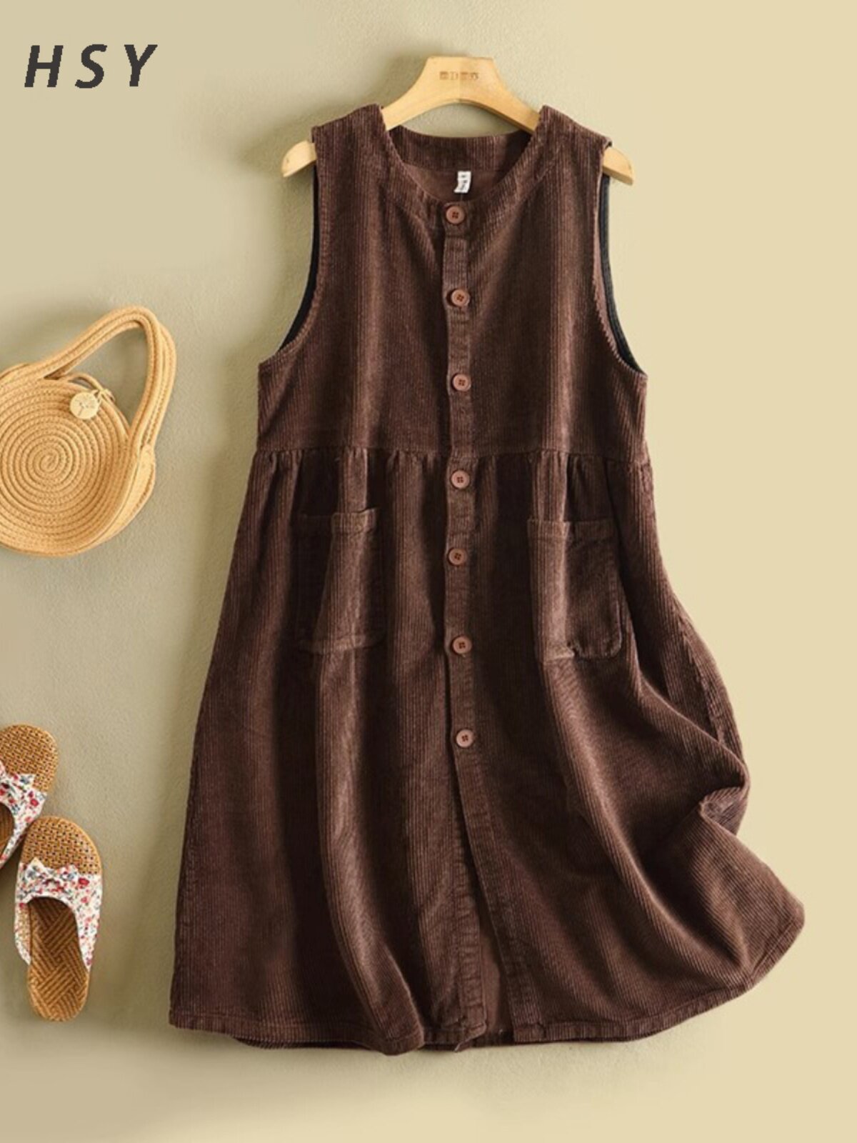 覆古条绒高腰连衣裙女春秋圆领宽松显瘦背心长裙中长款灯芯绒裙子