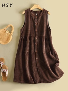 覆古条绒高腰连衣裙女春秋圆领宽松显瘦背心长裙中长款灯芯绒裙子