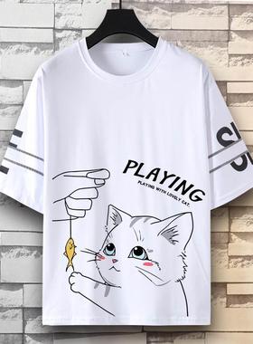 猫咪动物趣味卡通短袖T恤青少年宽松休闲男生夏季潮流半袖上衣服
