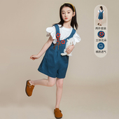 宽松休闲阔腿连体裤 洋气女孩韩版 创意贴花蓝色背带短裤 女童夏新款
