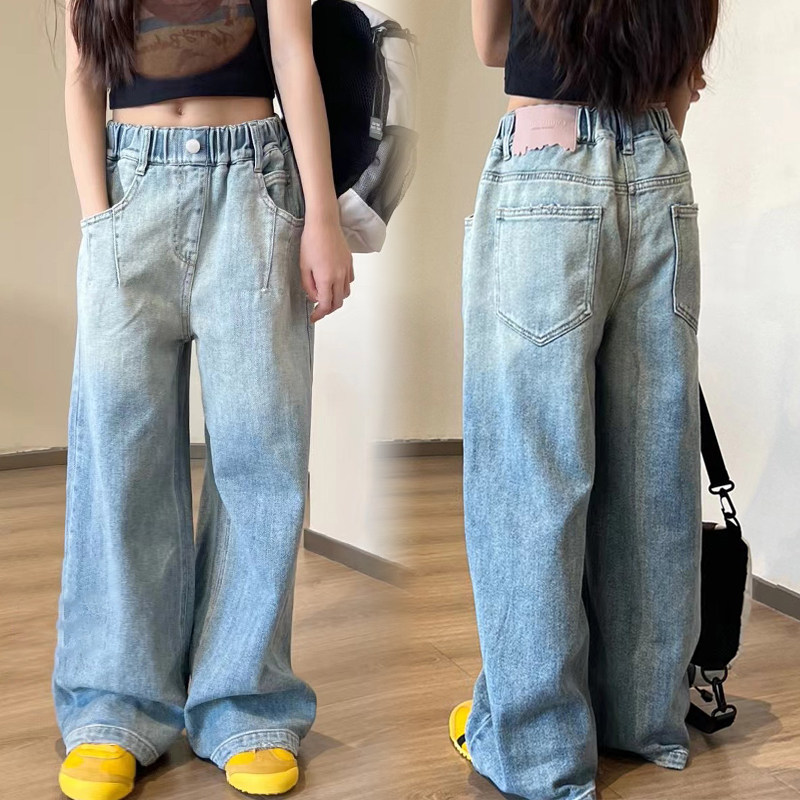 女童直筒渐变牛仔裤2025春夏单裤阔腿宽松中大童装休闲长裤子百搭