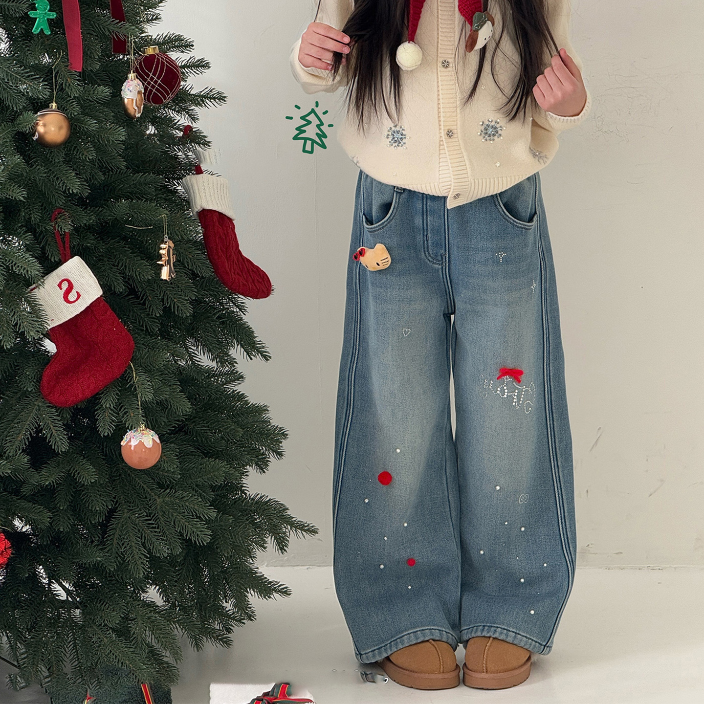 女童冬装一体绒牛仔裤直筒裤