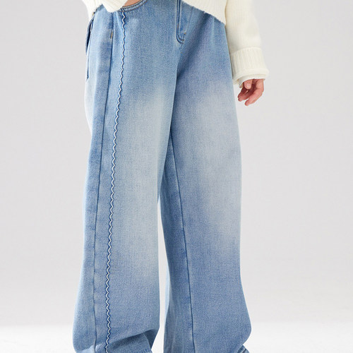 女童宽松加绒阔腿牛仔裤直筒长裤