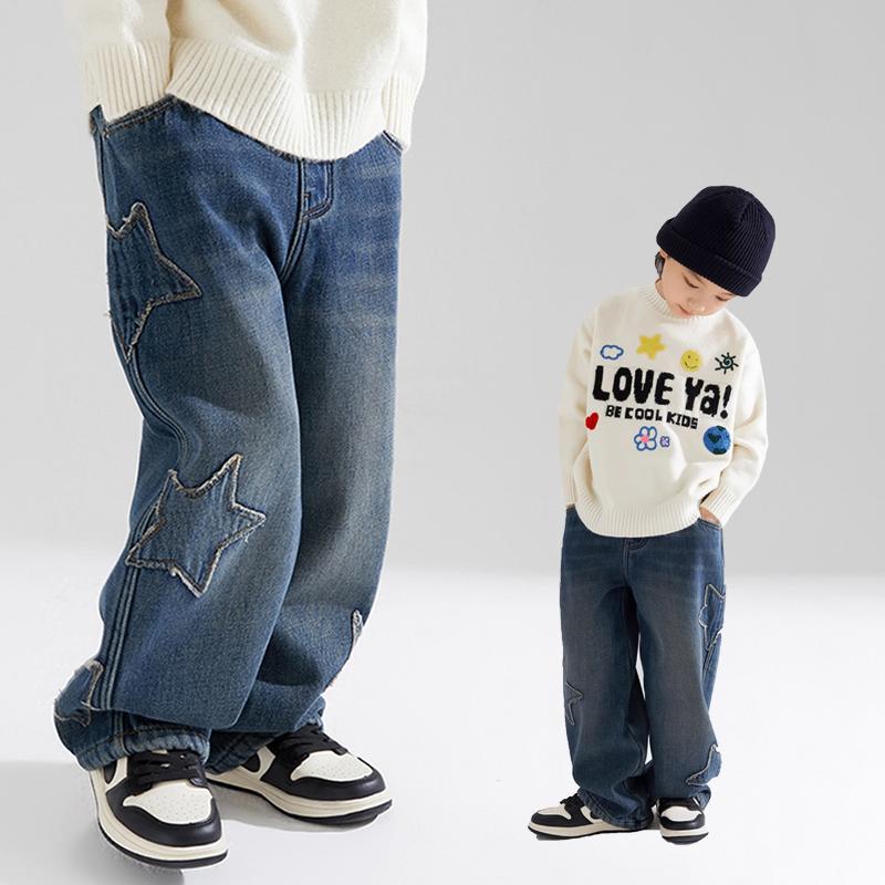 男童时髦毛边星星加绒牛仔直筒裤