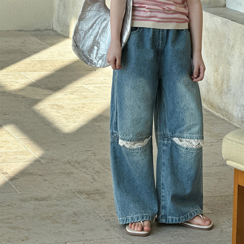 女童破洞蕾丝拼接牛仔裤宽松中大儿童装直筒休闲长裤子百搭25春夏