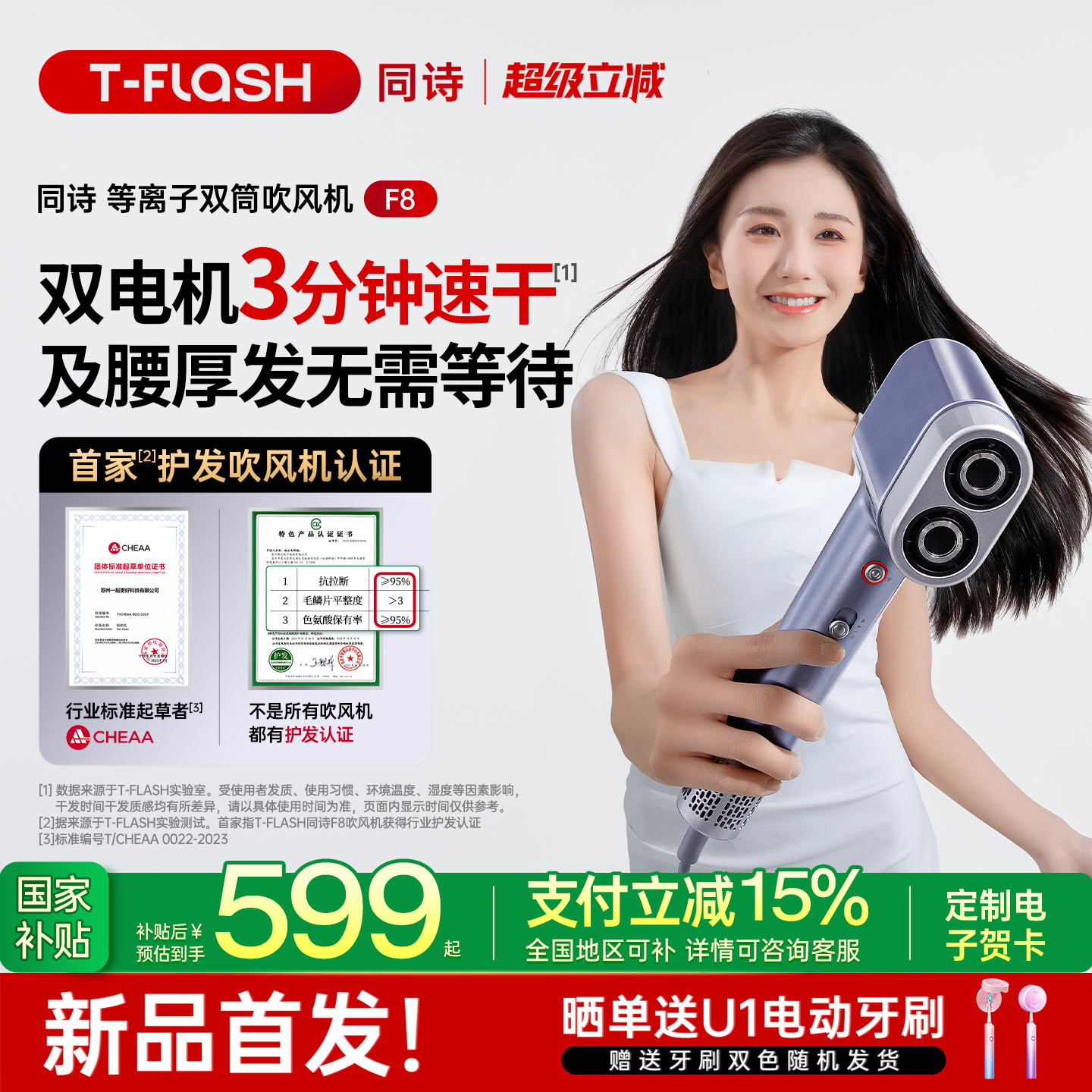 同诗艾齐双筒高速吹风机家用等离子护发速干大风力电吹风筒礼物F8
