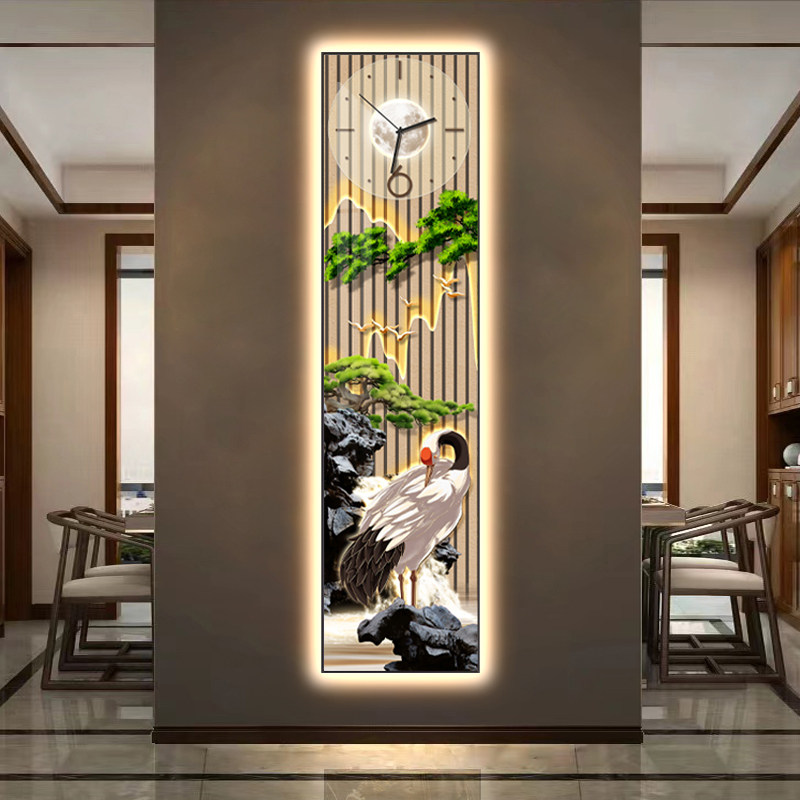 迎客松玄关装饰画松鹤延年钟表挂钟客厅细长条挂画走廊过道壁灯画