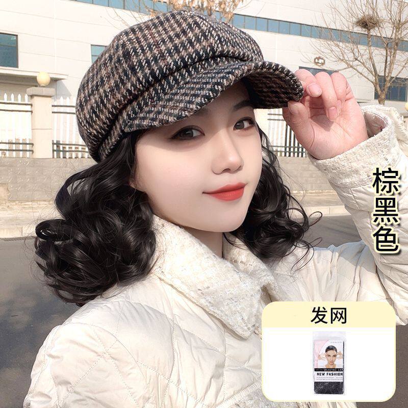 秋冬新款女士帽子假发一体中老年千鸟格帽子新款八角帽慵懒假发帽