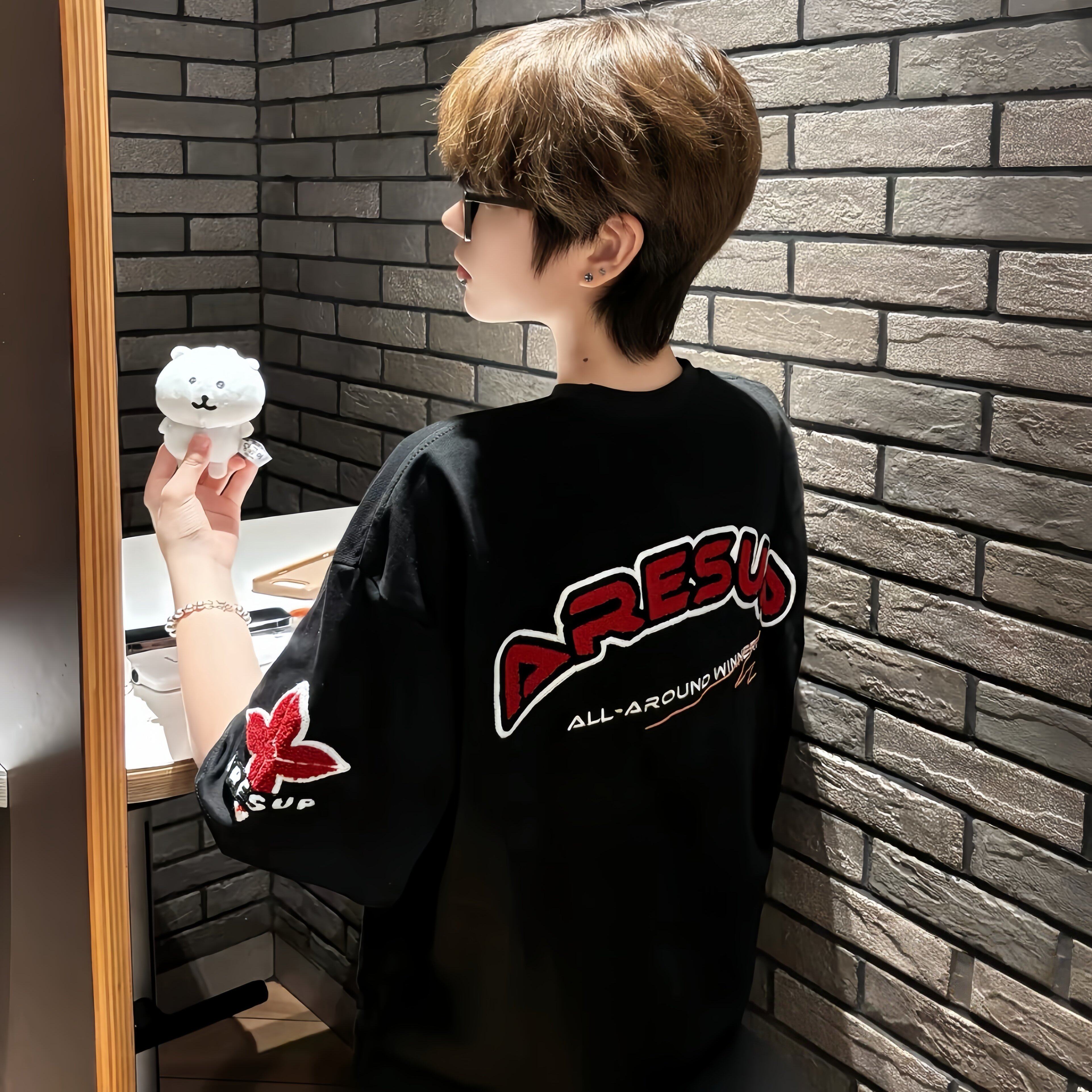 美式高街植绒刺绣正肩短袖t恤男青少年初中高中学生宽松半袖上衣