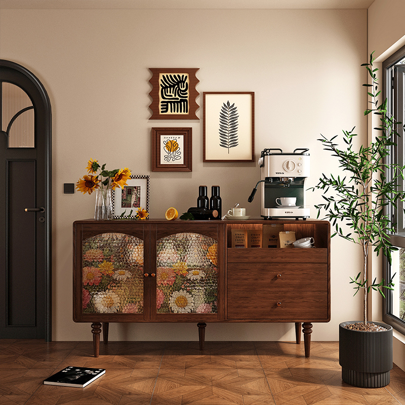 法式复古实木玄关柜入户门置物收纳柜餐厅咖啡机餐边柜一体免安装